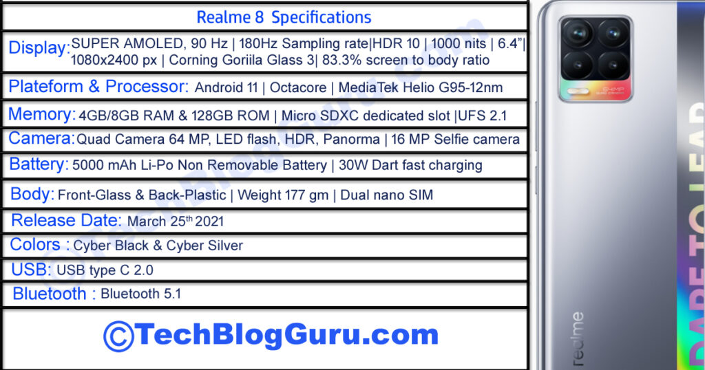 Realme 8 Specifications, Best mobile phones under 15000 in India. 
