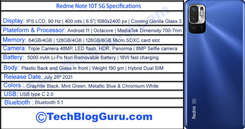 Redmi Note 10T Specifications, Best mobile phones under 15000 in India. 