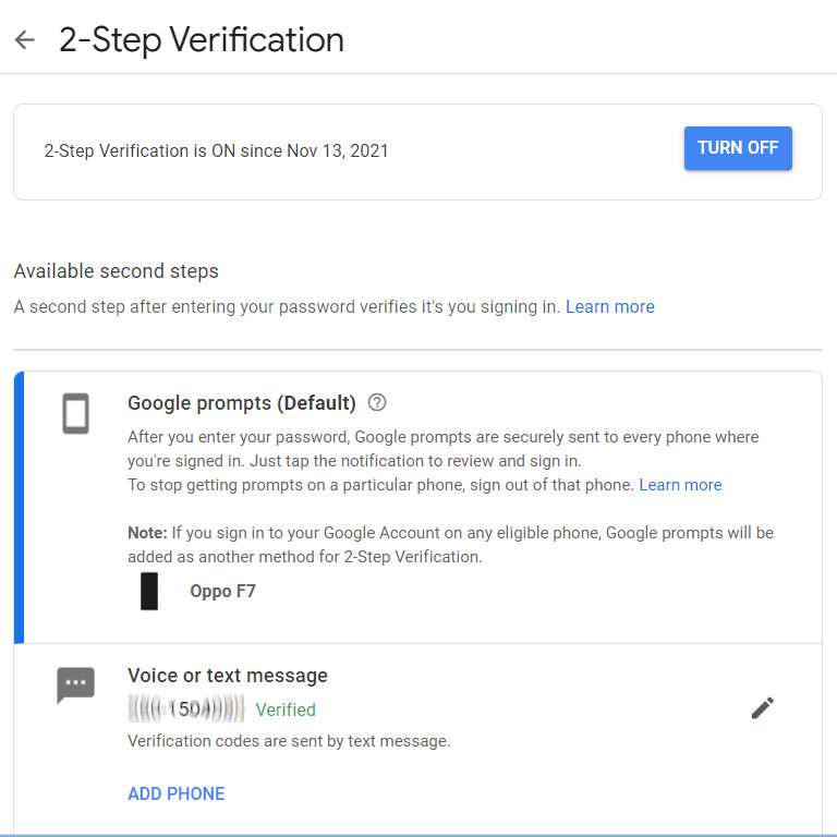 option to turn off two-step verification 