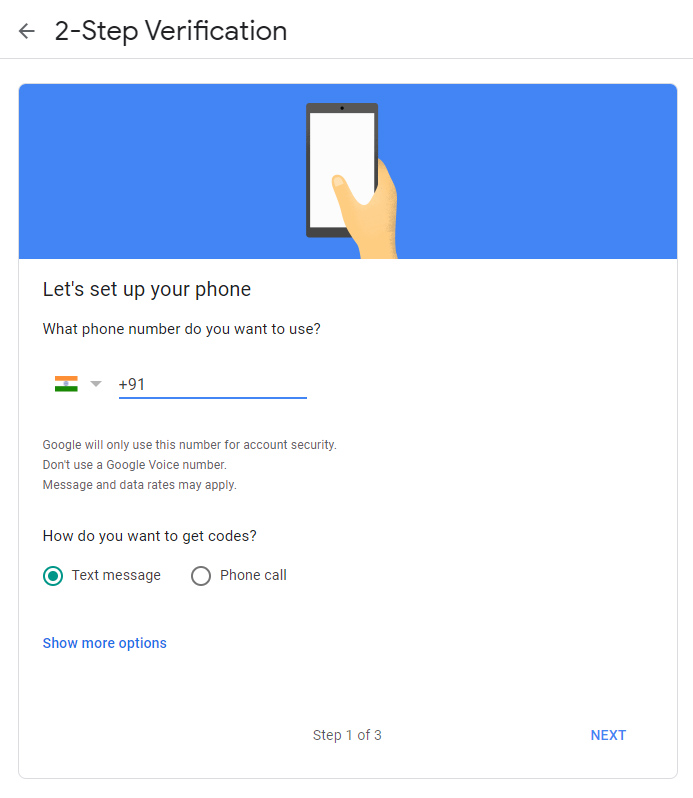 Adding phone number in Gmail for two step verification 