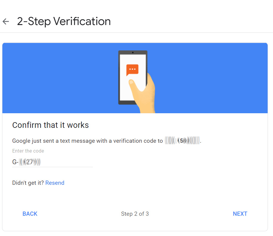 Confirming code sent to your phone for two-step verification 