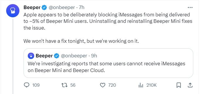 iMessage Blocked for Beeper Mini Users