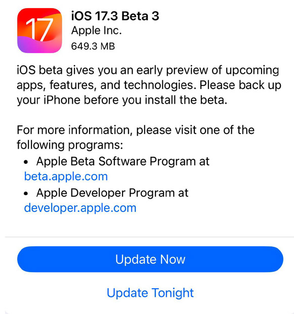 Apple iOS 17.3 Beta 3