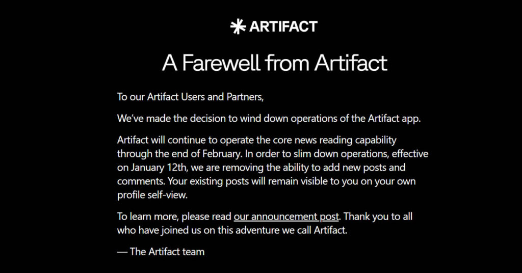 Shutdown of The Artifact News App